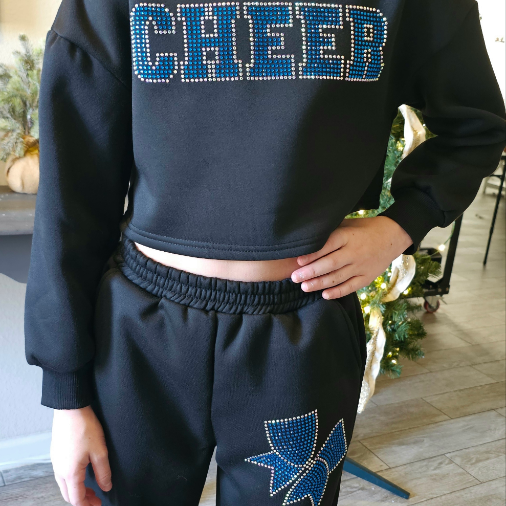 Rhinestone Cheer and Bow Cropped Sweats - Youth and Adult